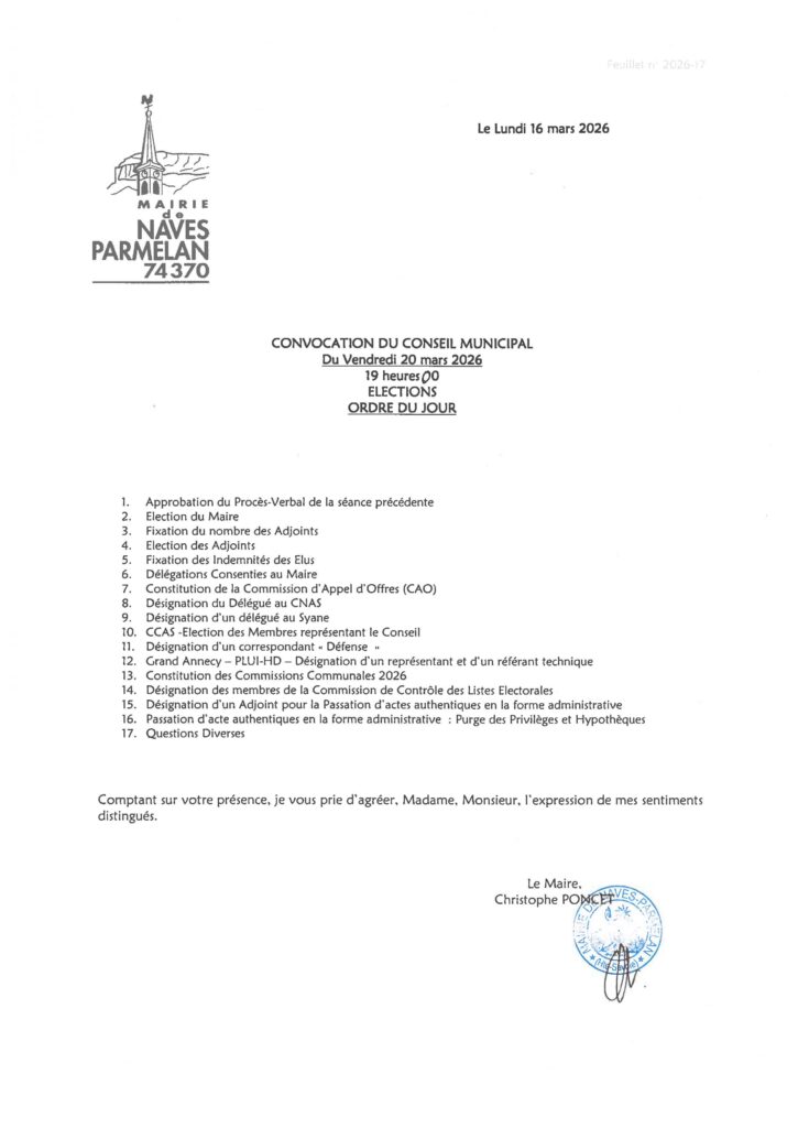 Convocation du conseil municipal vendredi 20 mars 2026 19h00