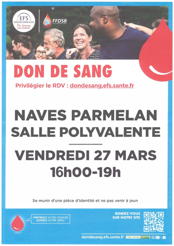 Don du sang le vendredi 27 mars 2026