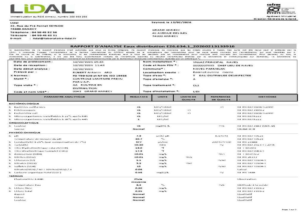 Rapport d&rsquo;analyse de l&rsquo;eau potable de la commune Février 2026